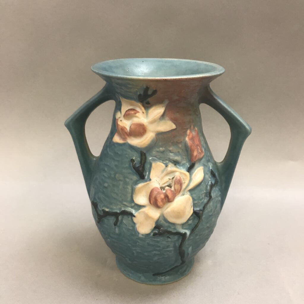 Vintage Roseville Magnolia Double Handled Blue Vase 90-7 As Is (7