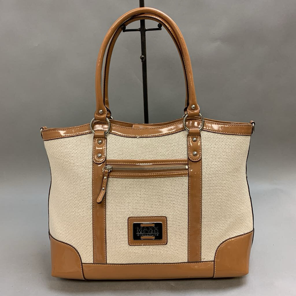 Maxx New York Cream Woven Tote Purse w/ Tan Patent Detailing (12x16x4