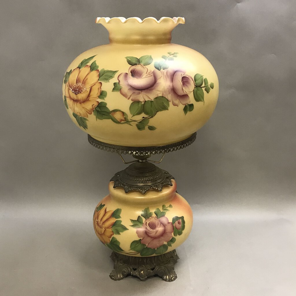 Electric GWTW Parlor Lamp, Painted Floral Scene (~24x14x14)