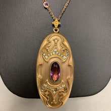 Load image into Gallery viewer, Antique Gold Filled WH &amp; Co Art Nouveau Paste Stone Crystal 2.5&quot; Locket on 17&quot; Crystal Satellite Chain (As-Is)
