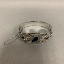 Load image into Gallery viewer, Vintage Whiting &amp; Davis Silvertone Blue Marquis Crystal Leaves Hinged Cuff Bracelet (~7&quot; Inside Circumference)
