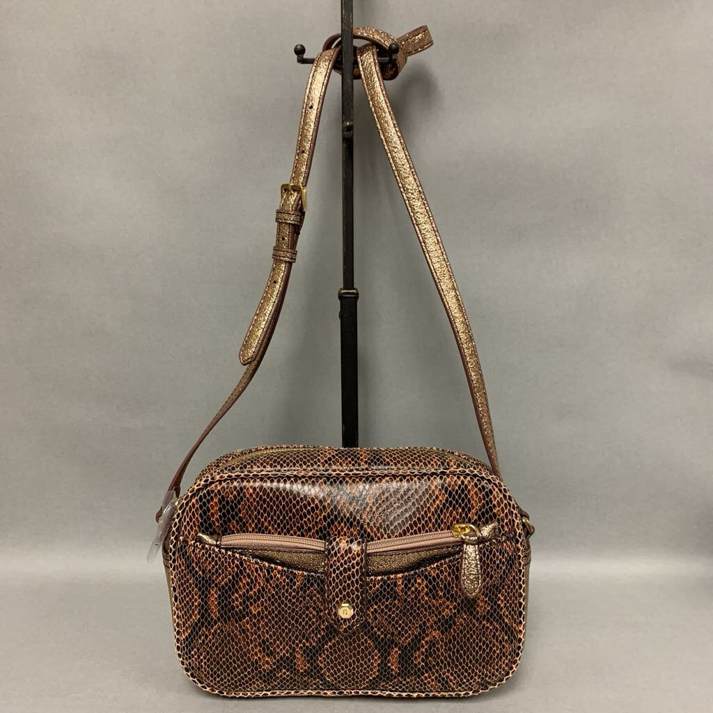 Gili Brown Snake Embossed Gold Trim Leather Crossbody Purse (6x9x3