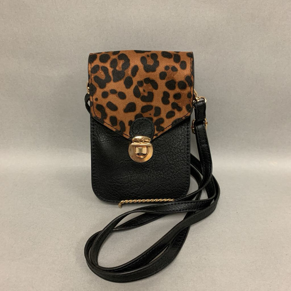 Save the Girls Black Faux Leather Leopard Trim Phone Crossbody Purse (7x5