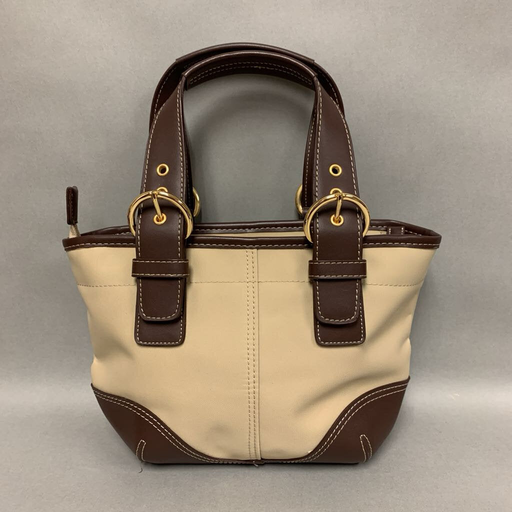 Tan Nylon Brown Faux Leather Trim Handbag Purse (8x12x3