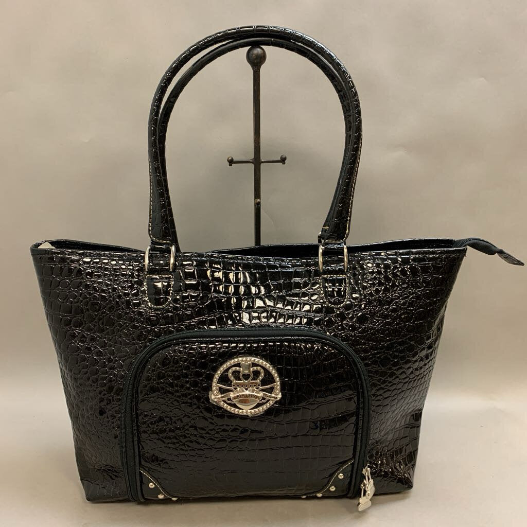 Kathy Van Zeeland Black Patent Croc Weekender Tote Purse (13x19x5