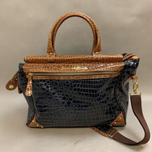 Load image into Gallery viewer, Samantha Brown Navy &amp; Brown Patent Croc Weekender Bag Purse (13x18x8&quot;)
