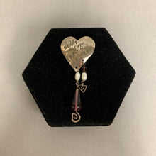 Load image into Gallery viewer, Sterling Handmade Stamped Quote Heart Brooch Pin w/ Beaded Pearl Drops (3&quot;)
