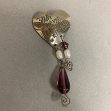 Load image into Gallery viewer, Sterling Handmade Stamped Quote Heart Brooch Pin w/ Beaded Pearl Drops (3&quot;)
