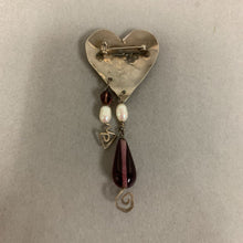 Load image into Gallery viewer, Sterling Handmade Stamped Quote Heart Brooch Pin w/ Beaded Pearl Drops (3&quot;)
