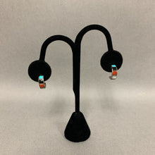 Load image into Gallery viewer, Zuni Sterling Turquoise Onyx Coral Shell Inlay Hoop Earrings (0.5&quot;)
