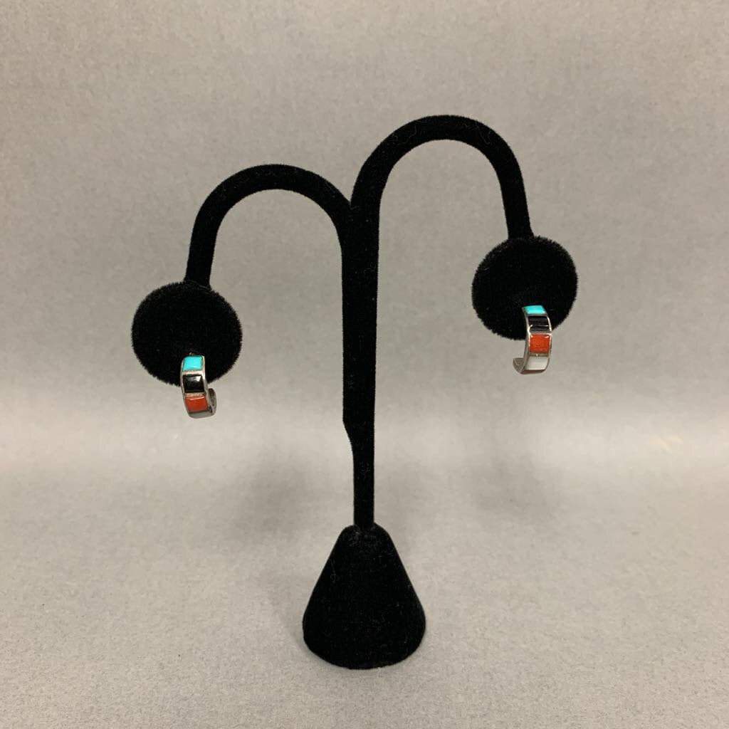 Zuni Sterling Turquoise Onyx Coral Shell Inlay Hoop Earrings (0.5