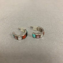 Load image into Gallery viewer, Zuni Sterling Turquoise Onyx Coral Shell Inlay Hoop Earrings (0.5&quot;)
