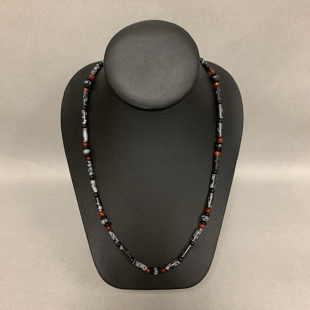 Snowflake Obsidian Carnelian Bead Sterling Clasp Necklace (20