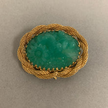 Load image into Gallery viewer, Vintage Hobe Signed Faux Carved Jade Goldtone Brooch Pin (2&quot;)
