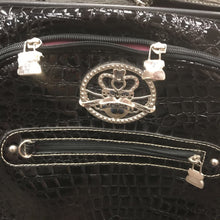 Load image into Gallery viewer, Kathy Van Zeeland Black Patent Leather Croc Pattern Roll Luggage Suitcase (21&quot; x 10&quot; x 15&quot;)
