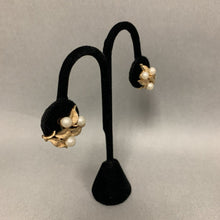 Load image into Gallery viewer, Vintage Crown Trifari Goldtone Faux Pearl Leaf Swirl Clip Earrings
