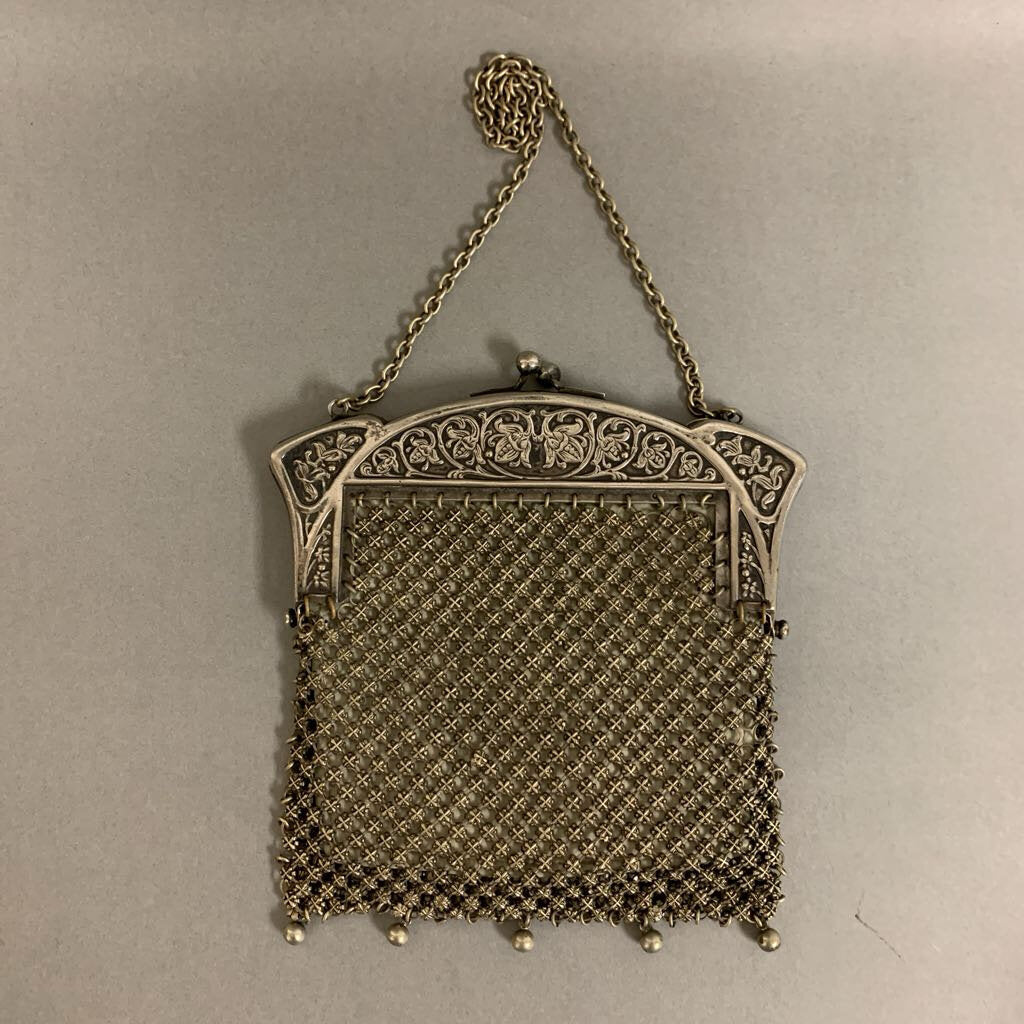 Antique German Silver Mesh Ornate Kisslock Evening Bag As-Is (6x6