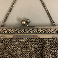 Load image into Gallery viewer, Antique German Silver Chainmail Mesh Ornate Kisslock Evening Bag (6x7&quot;)
