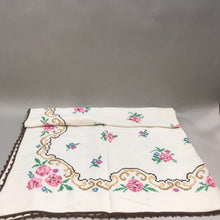 Load image into Gallery viewer, Vintage Pink Flower Needlepoint Tablecloth with Brown Trim (52x50)
