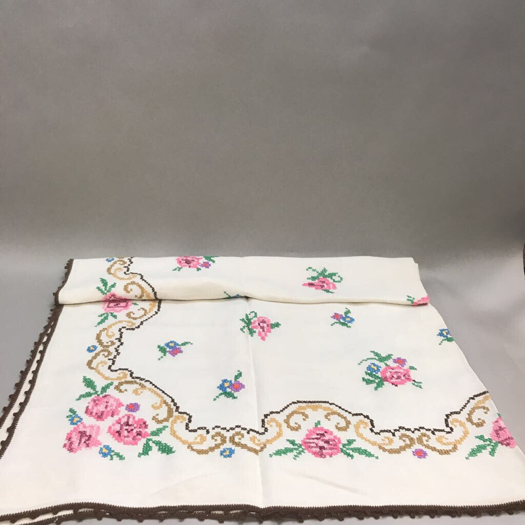 Vintage Pink Flower Needlepoint Tablecloth with Brown Trim (52x50)