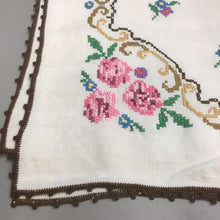 Load image into Gallery viewer, Vintage Pink Flower Needlepoint Tablecloth with Brown Trim (52x50)
