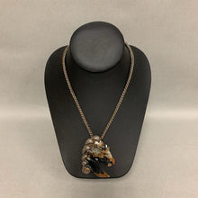 Load image into Gallery viewer, Artisan Stainless Steel Bronze Picasso Marble Topaz Horse Head Pendant on 20" Chain
