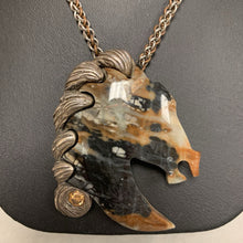 Load image into Gallery viewer, Artisan Stainless Steel Bronze Picasso Marble Topaz Horse Head Pendant on 20" Chain
