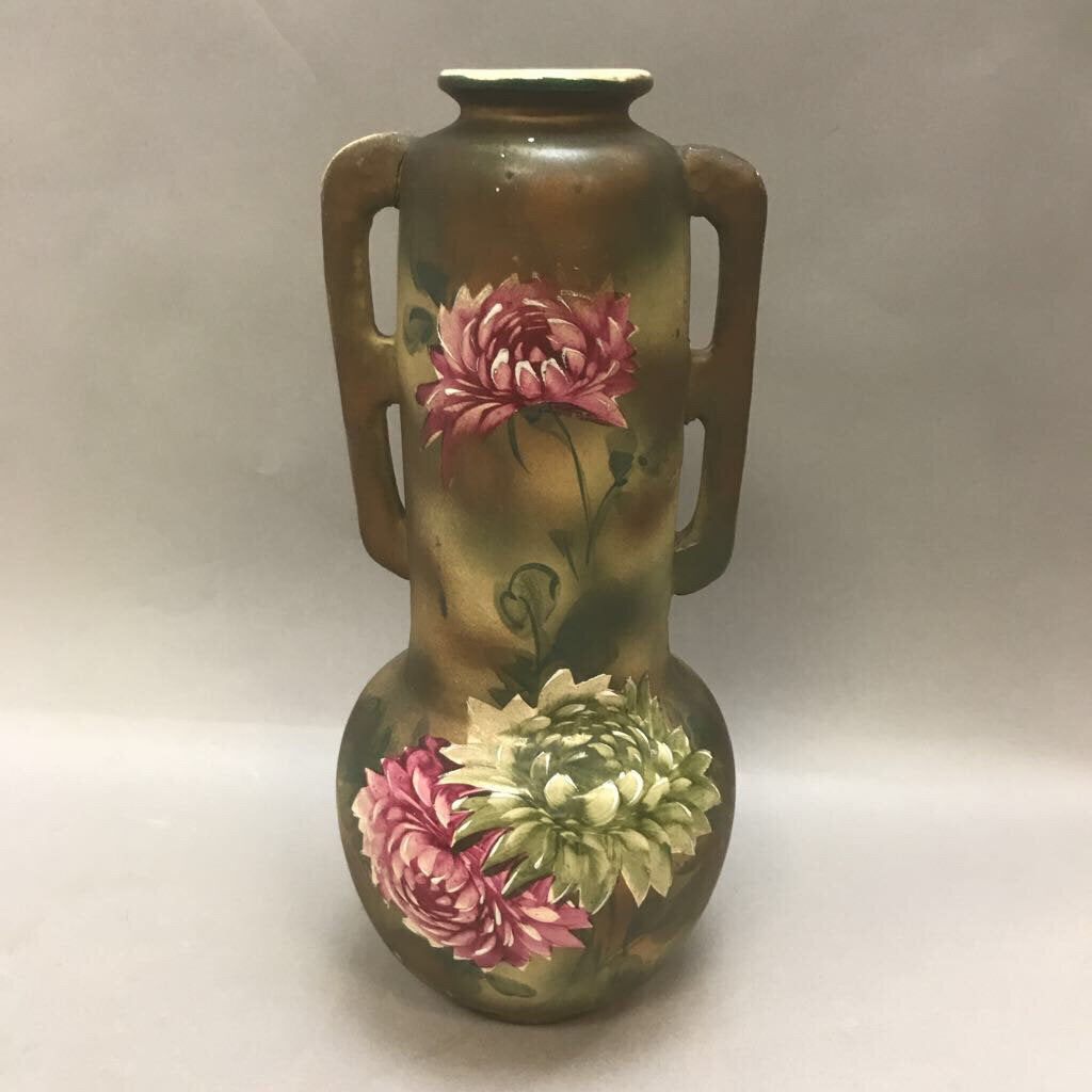 Vintage Pottery Hand Painted Flower Motif Double Handle Vase (12