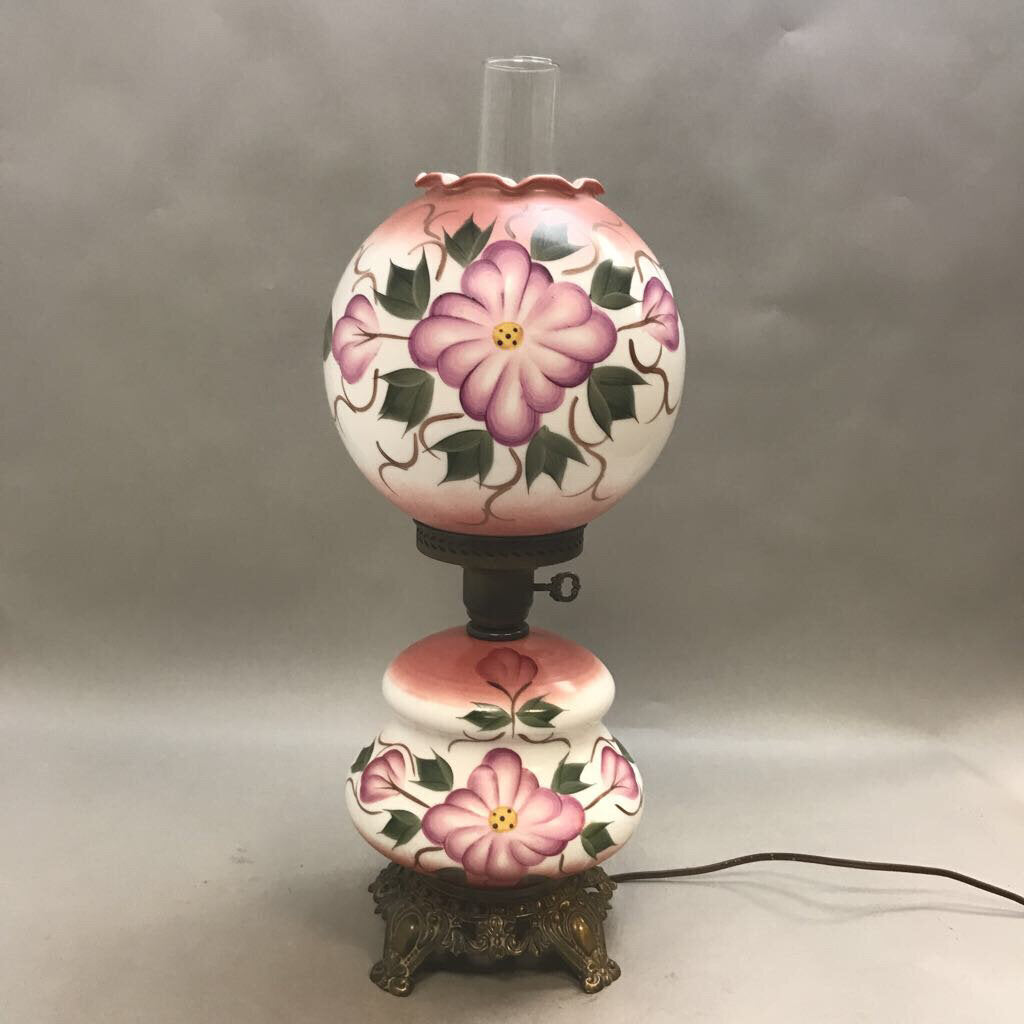 Antique 3-Way Double Globe Gone With The Wind Hurricane Parlor Floral Lamp (23