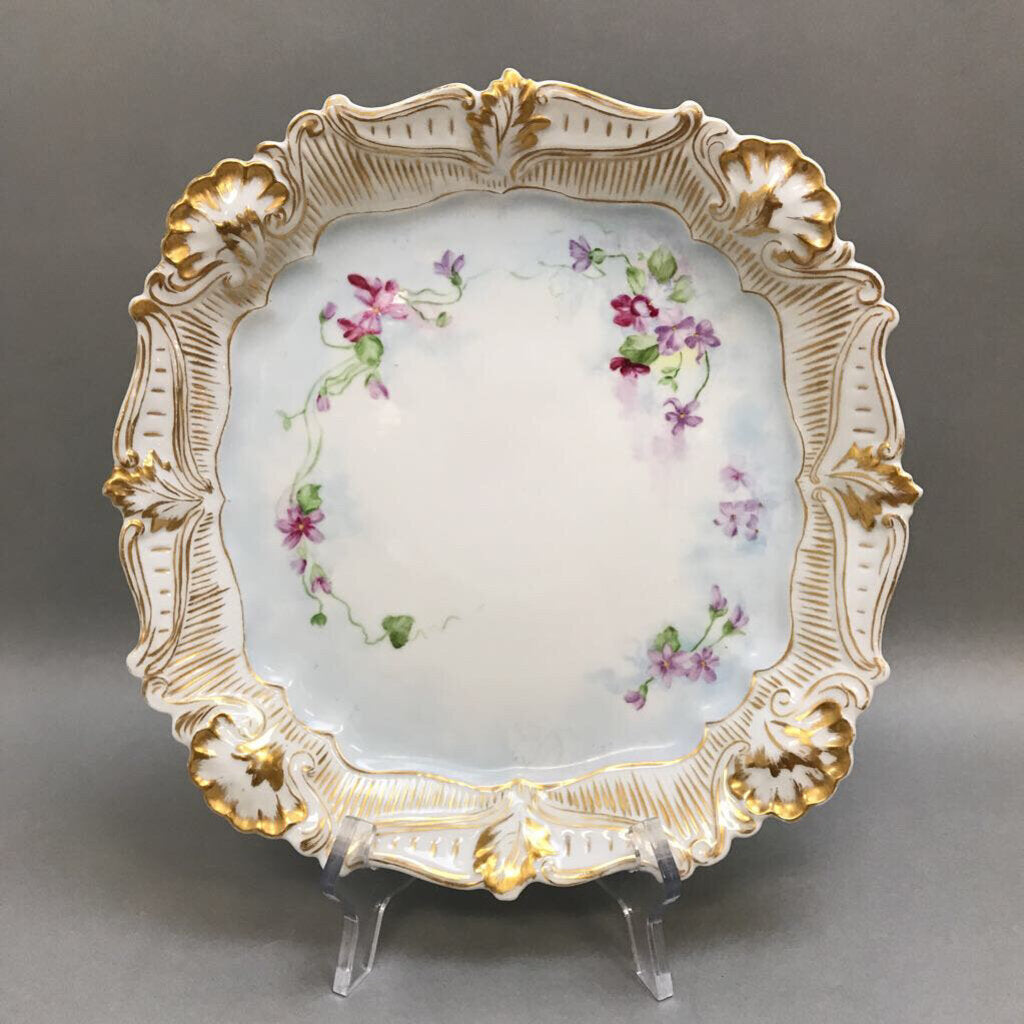 White Serving Platter / Square Plate, Gilded Trim & Floral Pattern (11x11)