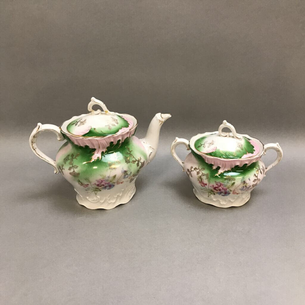 Green & White Floral Cream Pitcher & Sugar Bowl Set (As-Is) (~6