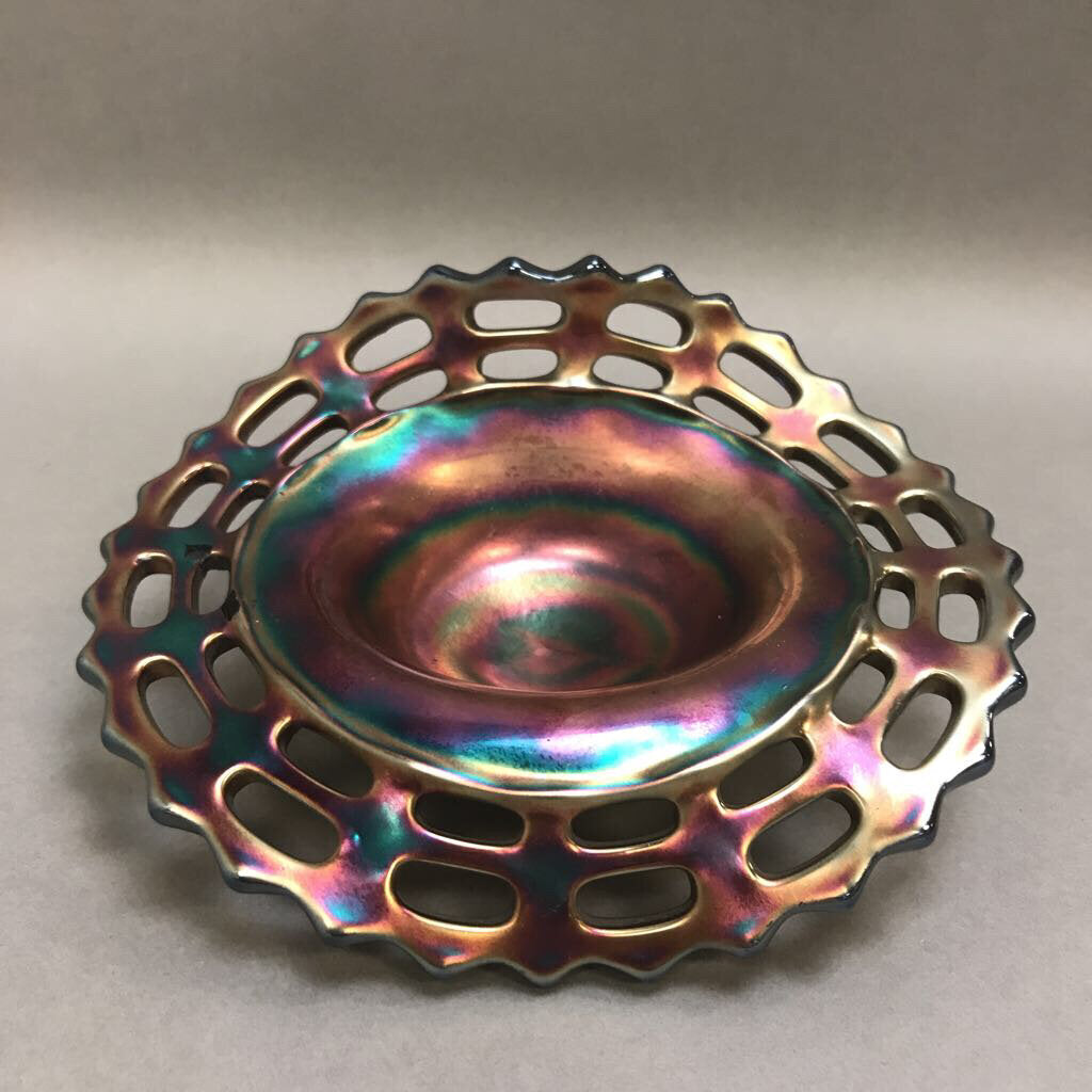 Vintage Fenton Blue Carnival Glass Basketweave Open Edge Bowl (6