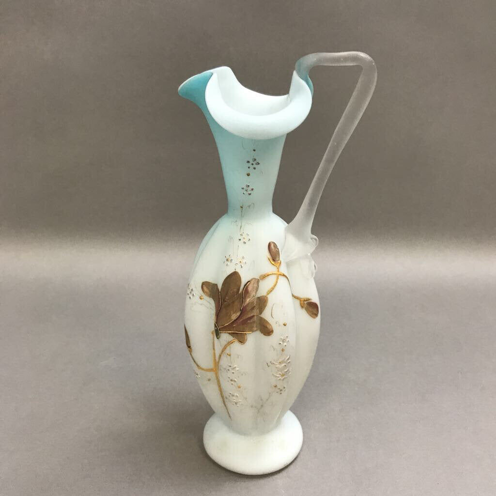 Vintage Satin Glass Hand Painted Pitcher Vase (10