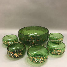 Load image into Gallery viewer, Vintage Emerald Green Hand Painted Bohemian Glass Fruit Bowl Set (6pcs)
