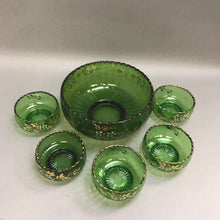 Load image into Gallery viewer, Vintage Emerald Green Hand Painted Bohemian Glass Fruit Bowl Set (6pcs)
