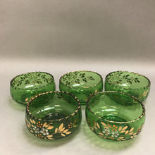 Load image into Gallery viewer, Vintage Emerald Green Hand Painted Bohemian Glass Fruit Bowl Set (6pcs)
