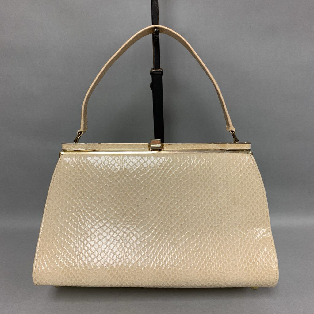 Vintage Naturalizer Cream Faux Snakeskin Latch Handbag Purse (7x11x4