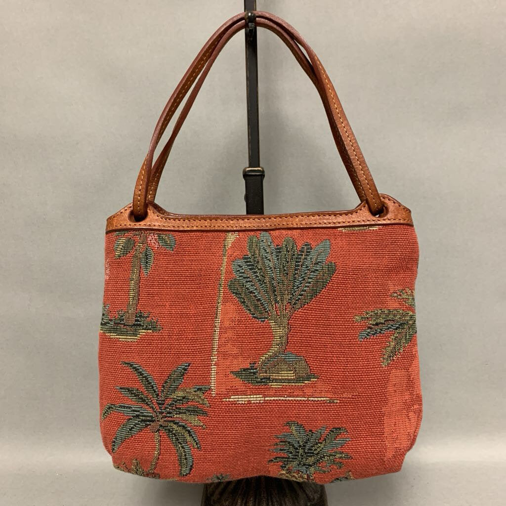 Vintage Tommy Bahama Red Palm Tapestry Leather Trim Hanbag Purse (7.5x9