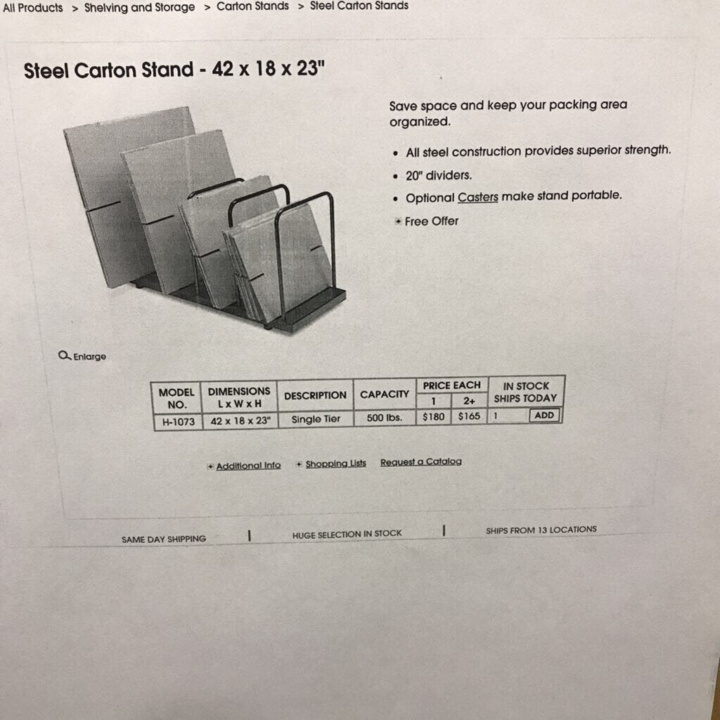 Ulline Steel Carton Stand (42x18x23) Not Assembled