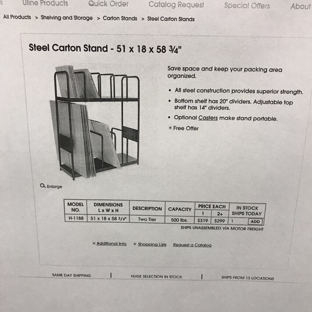 Ulline Steel 2 Tier Carton Stand (51x18x59) Not Assembled