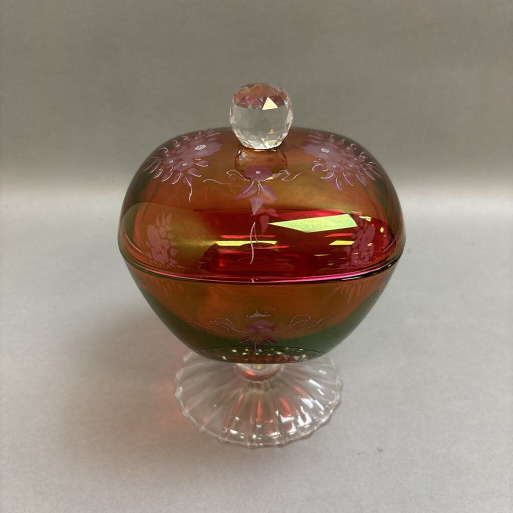 Vintage Cranberry Red Bohemian Pedestal Etched Crystal Lidded Candy Dish (8.5