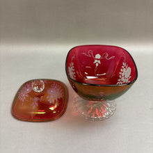 Load image into Gallery viewer, Vintage Cranberry Red Bohemian Pedestal Etched Crystal Lidded Candy Dish (8.5&quot;)
