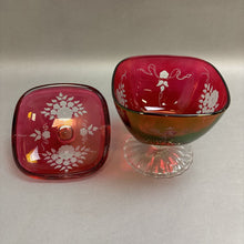 Load image into Gallery viewer, Vintage Cranberry Red Bohemian Pedestal Etched Crystal Lidded Candy Dish (8.5&quot;)
