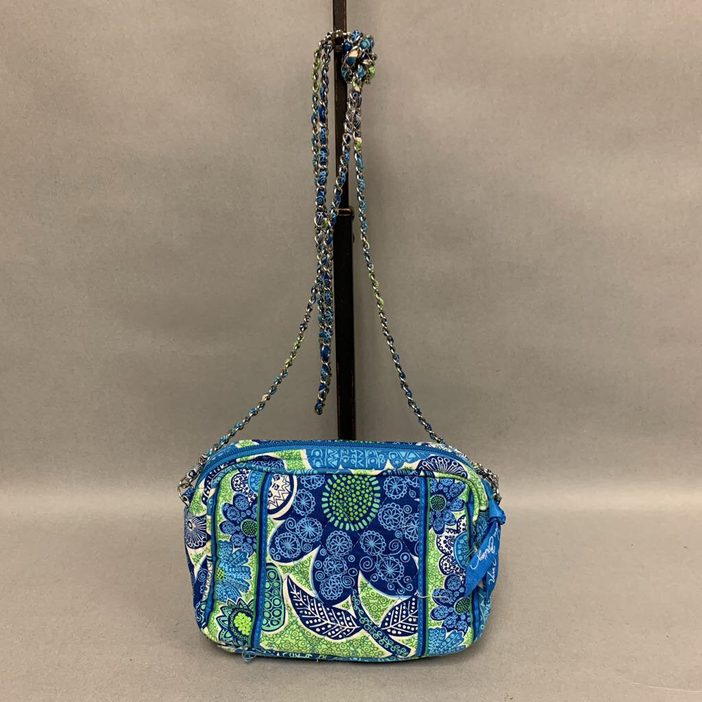 Vera Bradley Blue & Green Print Quilted Chain Strap Crossbody Purse (5x7x2.5