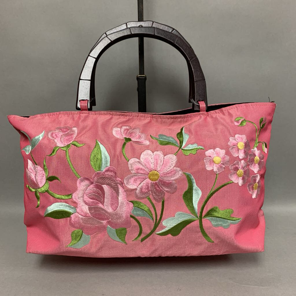 Pink Floral Embroidered Silk Wood Handle Purse (8.5x16x4