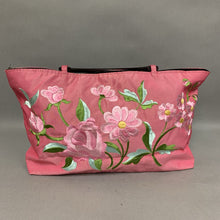 Load image into Gallery viewer, Pink Floral Embroidered Silk Wood Handle Purse (8.5x16x4&quot;)
