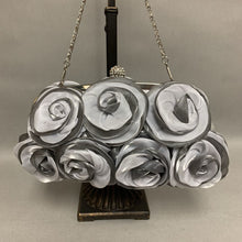 Load image into Gallery viewer, Silver Satin Rosette Chain Strap Evening Bag Purse (5x9.5&quot;)
