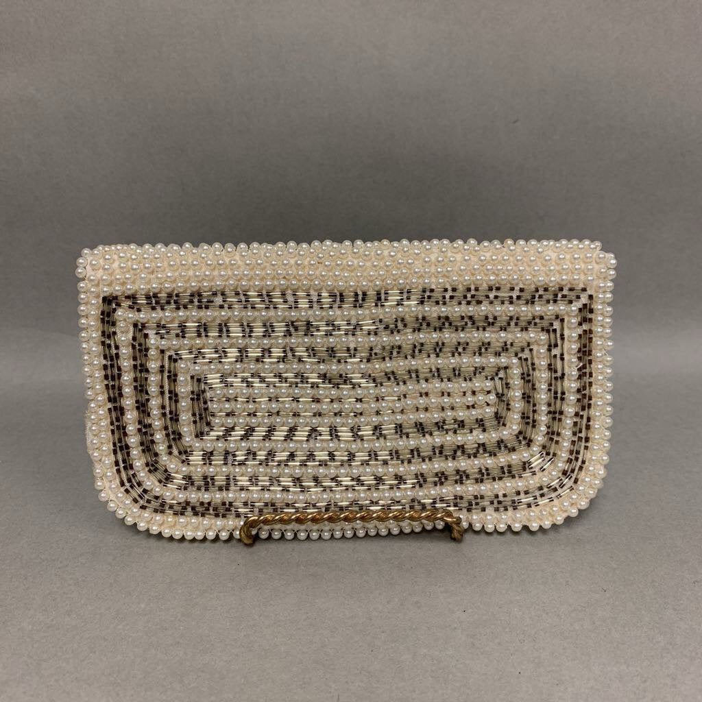 Vintage Pearl & Silver Beaded Clutch Purse As-Is (4x7