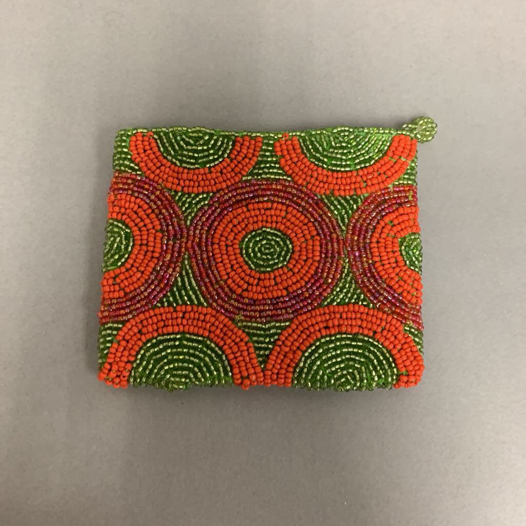 Green & Orange Dot Beaded Coin Purse (4x5