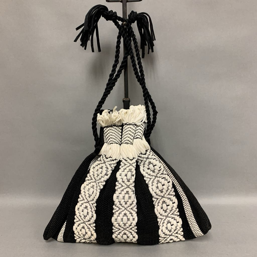 Vintage Black & White Woven Stripe Drawstring Purse (11x12